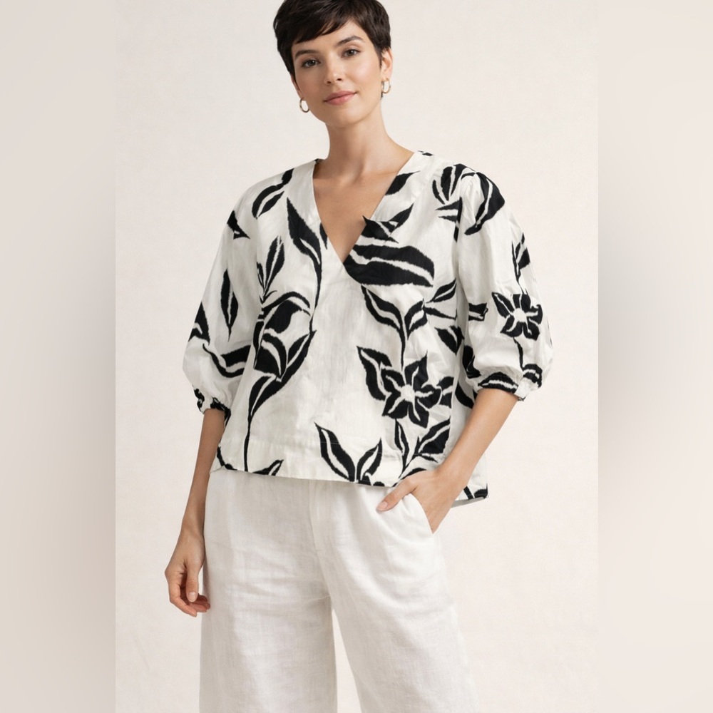 Alembika Lilly Floral Cotton Poplin Puff Sleeve Blouse Black White XS NWT